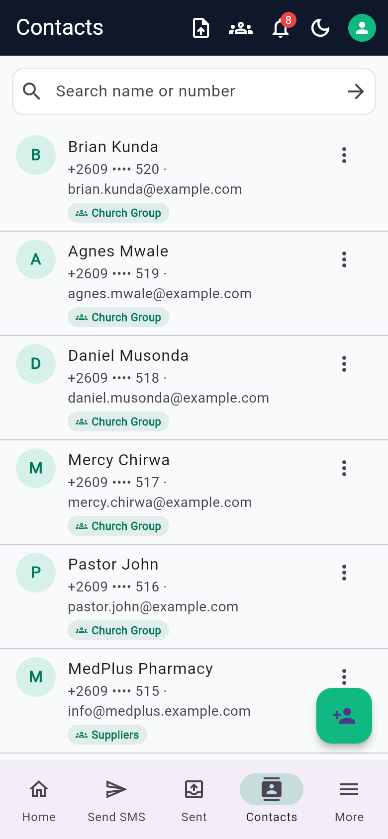 Ontech Bulk SMS app — contacts