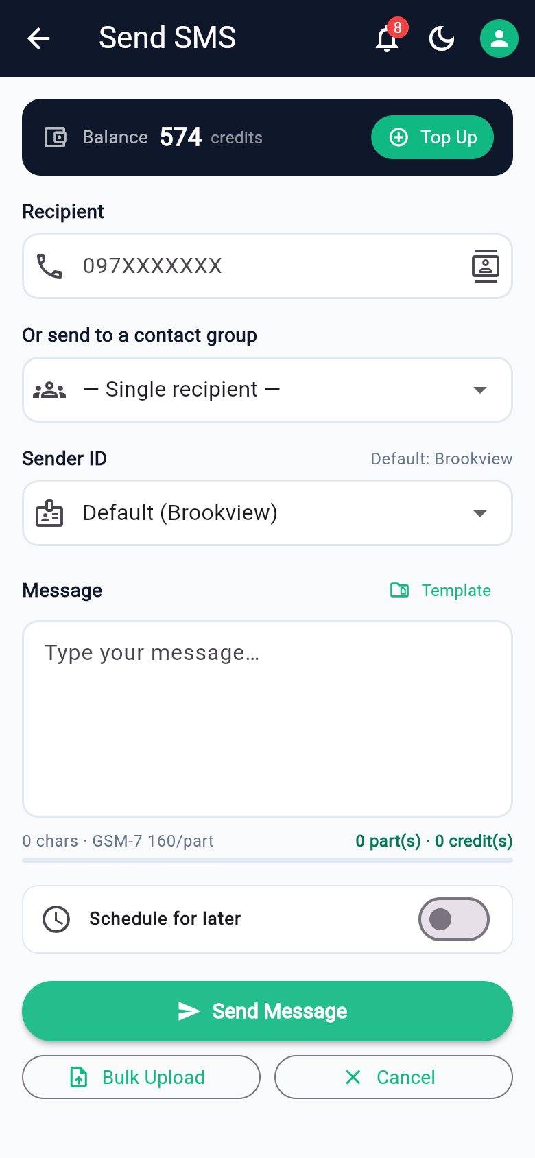 Ontech Bulk SMS app — Send SMS screen