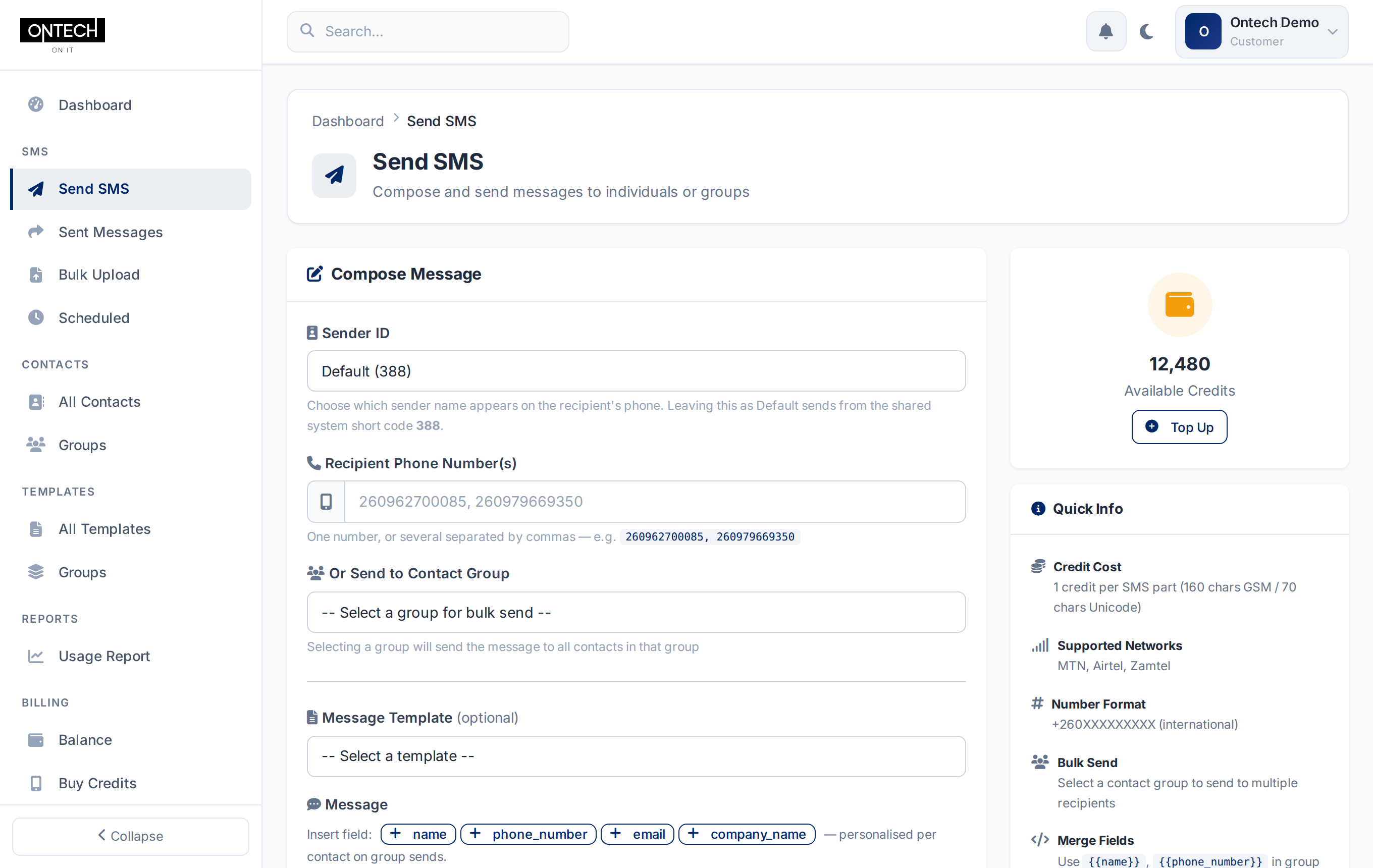 Compose and send SMS page